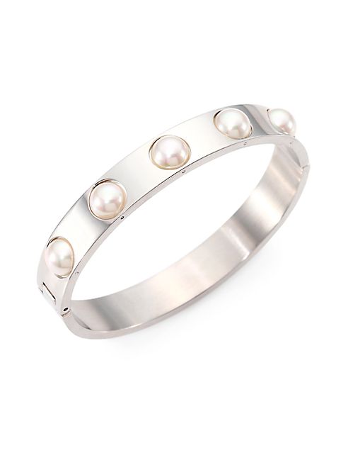 Majorica - 7MM White Pearl Bangle Bracelet/Silvertone