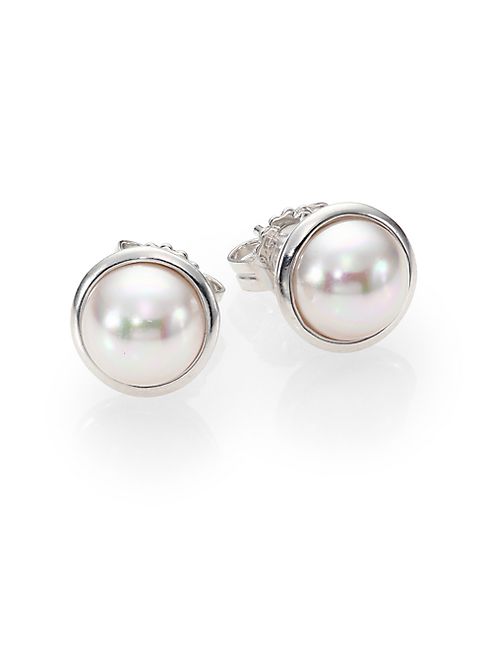 Majorica - 8MM Mabe White Pearl & Sterling Silver Bezel Stud Earrings