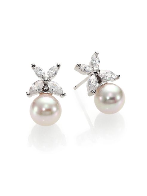 Majorica - 8MM White Pearl Floral Drop Earrings