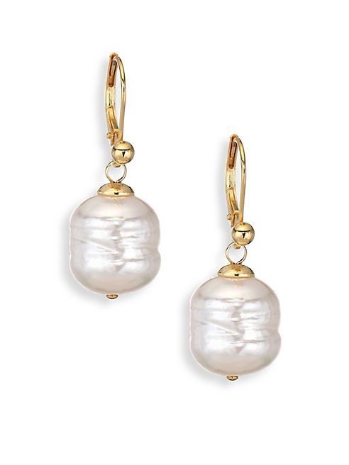 Majorica - 12MM White Baroque Pearl & 14K Yellow Gold Huggie Drop Earrings