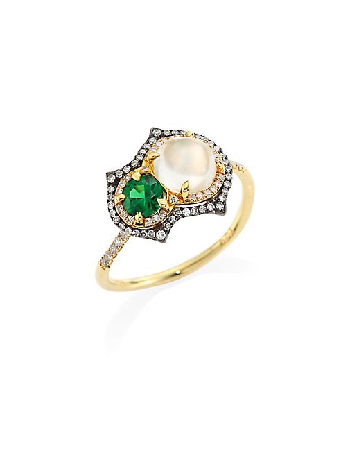 Ivy - Diamond, Green Tsavorite & White Moonstone Ring