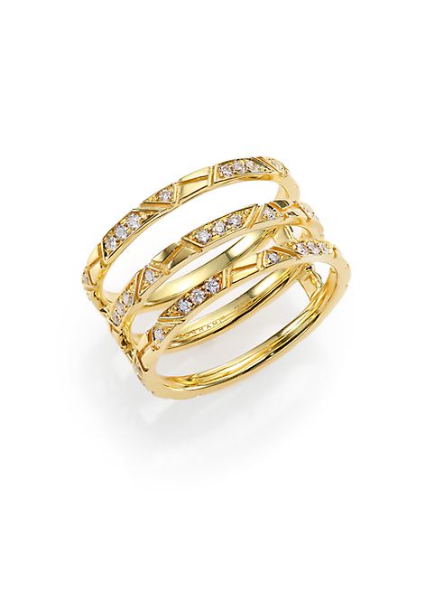 Ron Hami - Bar Diamond & 18K Yellow Gold Engraved Lines Three-Row Ring