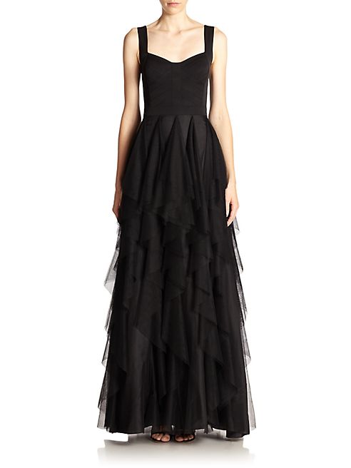 Aidan Mattox - Mixed-Media Tiered Gown