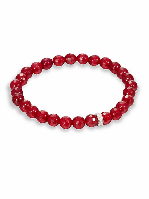 Sydney Evan - Red Agate, Diamond & 14K White Gold Rondelle Beaded Stretch Bracelet