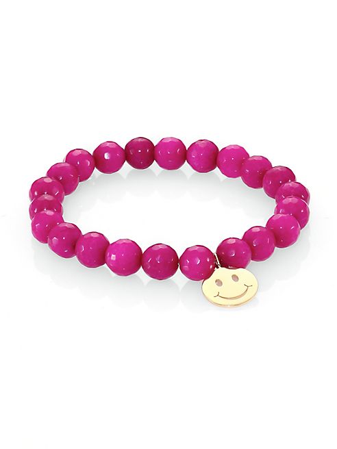 Sydney Evan - Raspberry Jade & 14K Yellow Gold Happy Face Beaded Stretch Bracelet