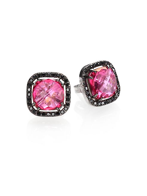 KALAN by Suzanne Kalan - Pink Topaz, Black Diamond & 14K White Gold Cushion Stud Earrings