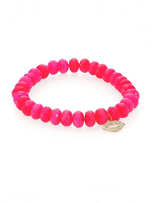 Sydney Evan - Diamond, Hot Pink Chalcedony & 14K Yellow Gold Lips Beaded Stretch Bracelet