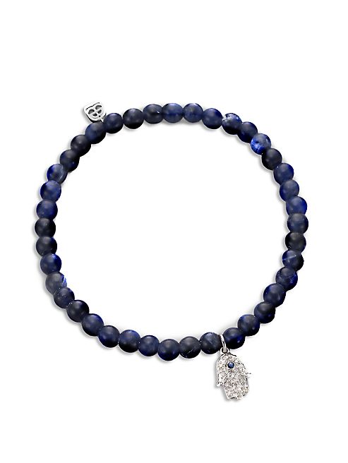 Sydney Evan - Diamond, Sapphire, Sodalite & 14K White Gold Baby Hamsa Beaded Stretch Bracelet