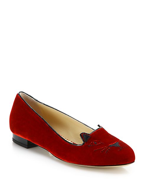 Charlotte Olympia - Kitty Embroidered Velvet Flats