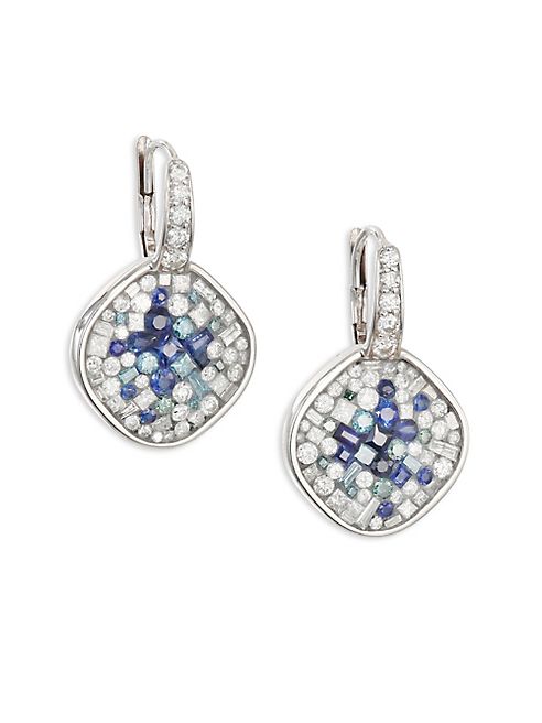 Plevé - Diamond, Blue Sapphire & 18K White Gold Cushion Drop Earrings