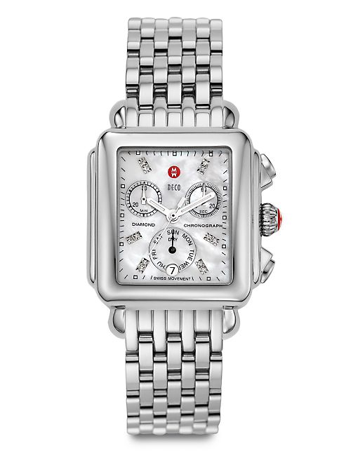 Michele Watches - Deco 18 Diamond, Mother-Of-Pearl & Stainless Steel Chronograph Bracelet Watch