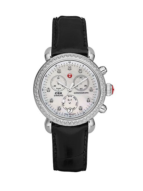 Michele Watches - CSX Diamond, Stainless Steel & Alligator Chronograph Strap Watch/Black