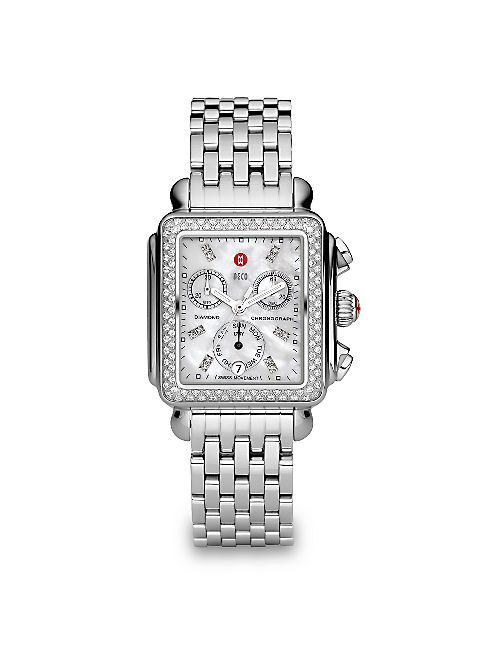 Michele Watches - Deco 18 Diamond, Mother-Of-Pearl & Stainless Steel Chronograph Bracelet Watch