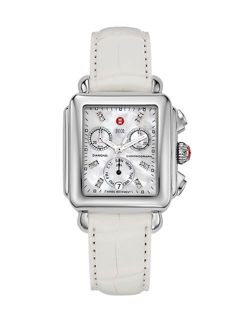 Michele Watches - Deco Diamond, Mother-Of-Pearl, Stainless Steel & Alligator Chronograph Strap Watch