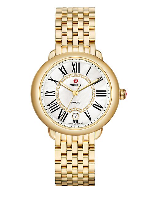 Michele Watches - Serein 16 Diamond, Mother-Of-Pearl & 18K Goldplated Stainless Steel Bracelet Watch