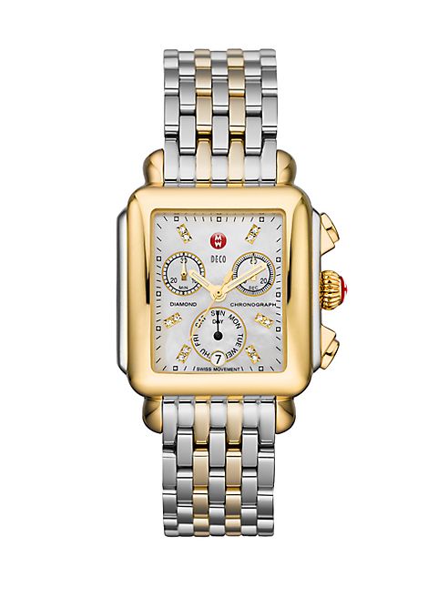 Michele Watches - Deco 18 Diamond, Mother-Of-Pearl, 18K Goldplated & Stainless Steel Chronograph Bracelet Watch