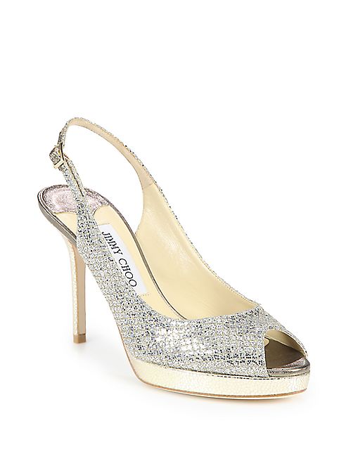 Jimmy Choo - Nova 110 Glitter Leather Peep Toe Pumps