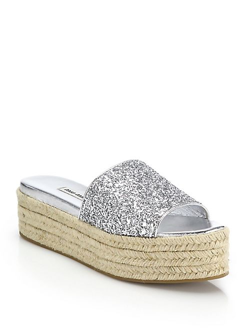 Miu Miu - Glittered Leather Espadrille Platform Sandals