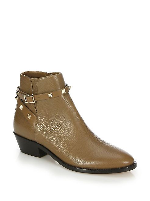 Valentino - Rockstud Pebbled Leather Biker Ankle Boots