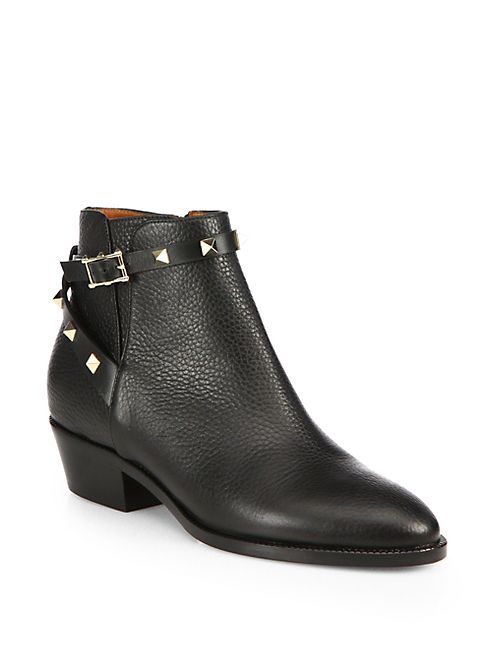 Valentino - Rockstud Pebbled Leather Biker Ankle Boots