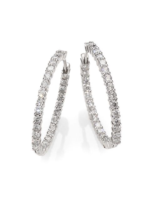 Roberto Coin - Diamond & 18K White Gold Hoop Earrings- 1.2in