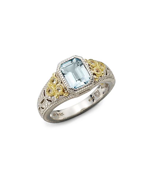 Judith Ripka - Estate Blue Topaz, White Sapphire, 18K Yellow Gold & Sterling Silver Cushion Ring