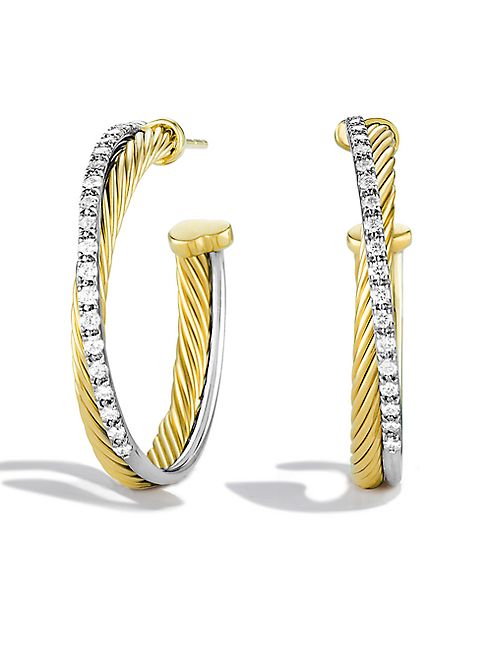 David Yurman - Crossover Medium Hoop Earrings with Diamonds in Gold