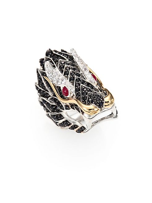 John Hardy - Naga Black Sapphire, Ruby, 18K Yellow Gold & Sterling Silver Dragon Ring