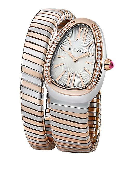 BVLGARI - Serpenti Diamond, 18K Rose Gold & Stainless Steel Tubogas Bracelet Watch