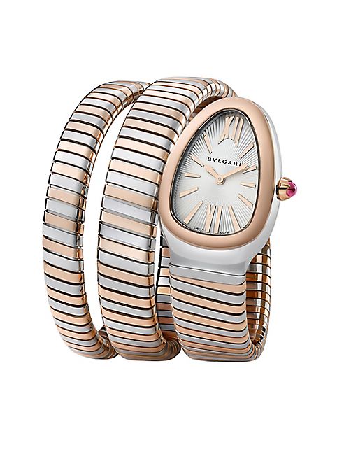 BVLGARI - Serpenti 18K Rose Gold & Stainless Steel Wraparound Tubogas Bracelet Watch