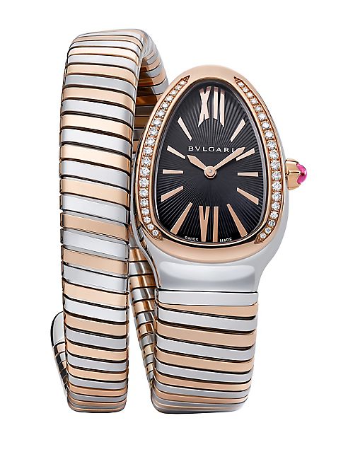 BVLGARI - Serpenti Diamond, 18K Rose Gold & Stainless Steel Tubogas Bracelet Watch