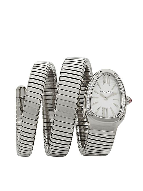 BVLGARI - Serpenti Diamond & Stainless Steel Wraparound Tubogas Bracelet Watch