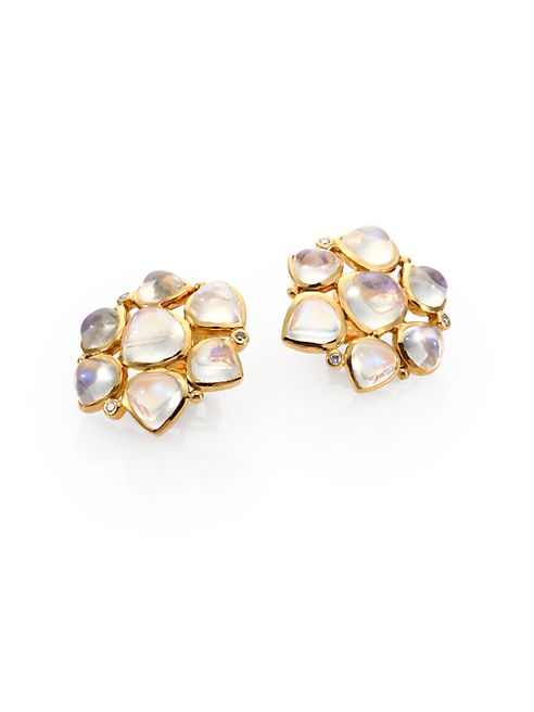 Temple St. Clair - Royal Blue Moonstone, Diamond & 18K Yellow Gold Cluster Earrings