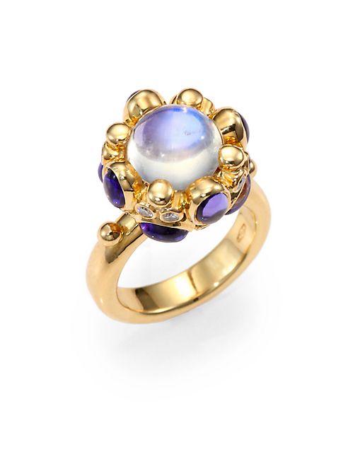 Temple St. Clair - Royal Blue Moonstone, Tanzanite, Diamond & 18K Yellow Gold Cabochon Cluster Ring